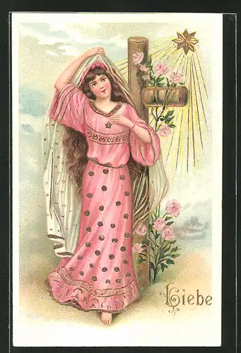 Präge-AK Allegorie für Liebe, Schöne Frau und Rosenranken am Kreuz