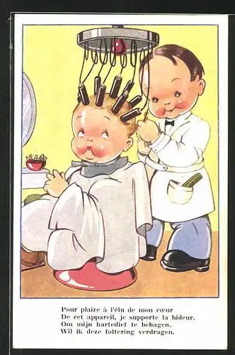 AK Junger Friseur dreht einer kleinen Kundin die Haare auf Lockenwickler
