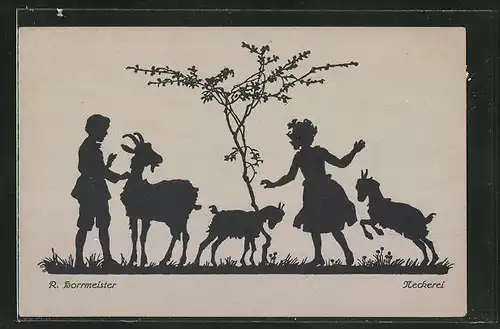 Künstler-AK R. Borrmeister: Neckerei, Kinder spielen mit den Ziegen auf der Wiese, Scherenschnitt