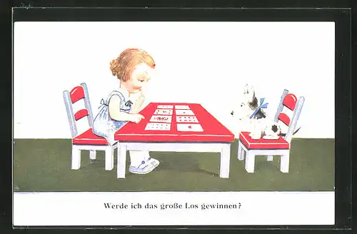 Künstler-AK John Wills: Mädchen und Hund beim Kartenspielen