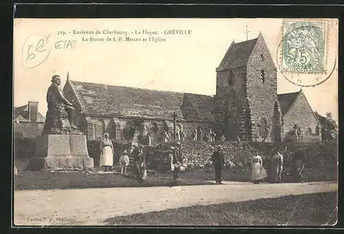 AK Creville, La Statue de J.-P. Millet et l'Eglise