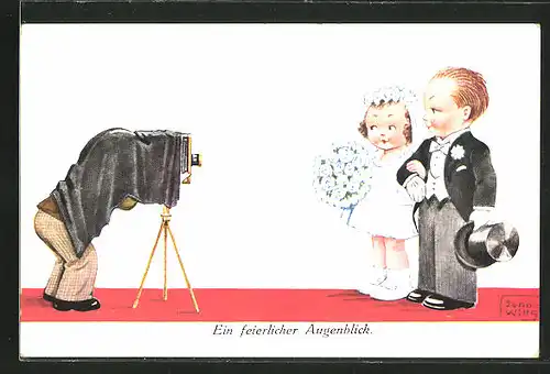 Künstler-AK John Wills: Hochzeitspaar für ein Foto vor der Kamera stehend