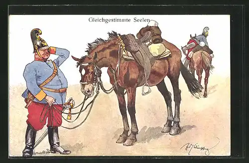 Künstler-AK Fritz Schönpflug: Kavallerist wundert sich über sein Pferd