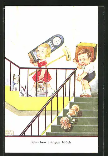 Künstler-AK John Wills: Kinder tragen Uhr, Besen und Vogelkäfig die Treppe hinauf