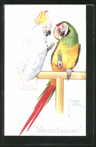 Künstler-AK Lawson Wood: Papageienpaar auf einer Stange sitzend