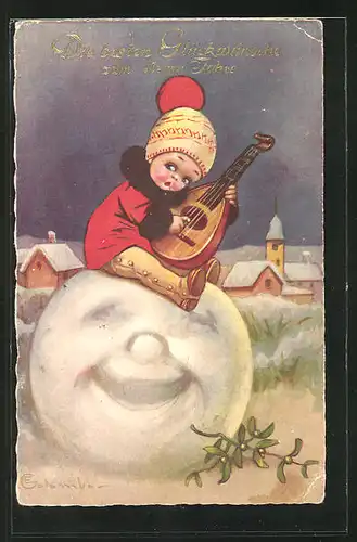 Künstler-AK E. Colombo: Die besten Glückwünsche zum Neuen Jahr, Kind auf Schneekugel mit Saiteninstrument, Mistelzweig
