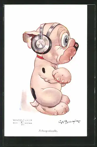 Künstler-AK George Ernest Studdy: Bonzo mit Kopfhörern