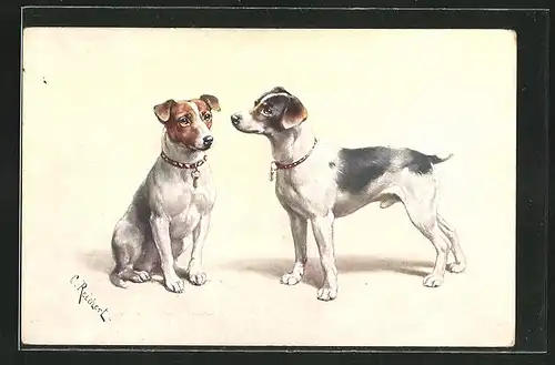 Künstler-AK Carl Reichert: zwei hübsche Terrier mit roten Halsbändern