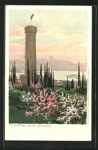 Künstler-AK Zeno Diemer: S. Martino della Battaglia, Panorama mit Turm zur Frühlingsblüte