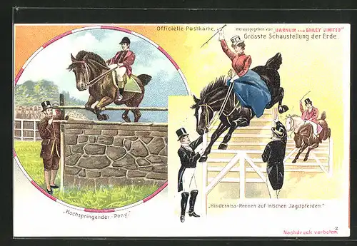 Lithographie Zirkus Barnum and Bailey Limited, Hochspringender Pony, Hinderniss-Rennen auf irischen Jagdpferden