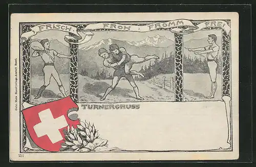 Lithographie Turnergruss, Ringen, Felsweitwurf, Turner, Schweiz