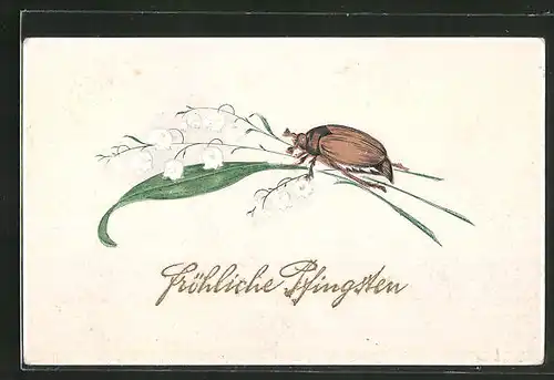 AK Maikäfer krabbelt auf einem Maiglöckchenblatt, Fröhliche Pfingsten