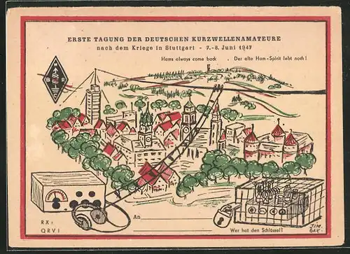 AK Stuttgart, Tagung der deutschen Kurzwellenamateure 1947, Radio und Ortsansicht