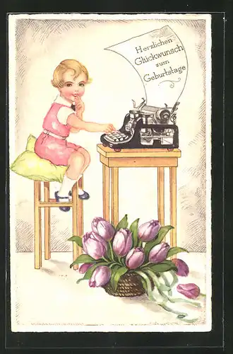 AK Glückwunsch zum Geburtstage, kleine Gratulantin mit Schreibmaschine