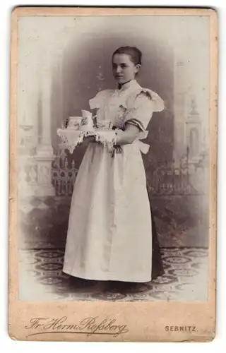 Fotografie Fr. Herm. Rossberg, Sebnitz, Portrait Dienstmädchen in Arbeitskleidung mit Teeservice
