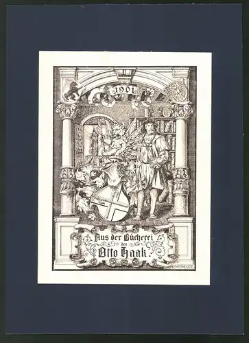 Exlibris von Lorenz M. Rheude für Otto Haak, Gelehrter nebst Wappen mit Greif