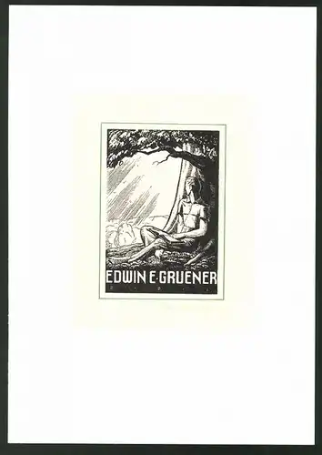 Exlibris Edwin E. Gruener, Mann mit Buch unter Baum sitzend