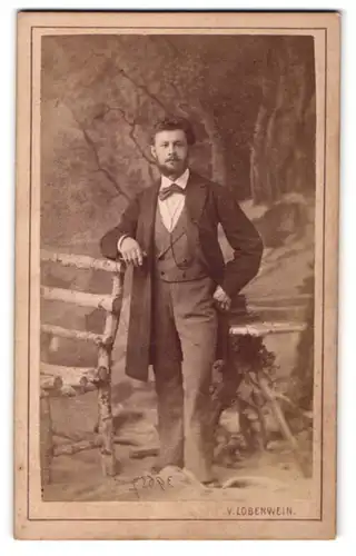 Fotografie V. Lobenwein, Klagenfurt, junger hübscher Mann im Anzug am Holzzaun stehend