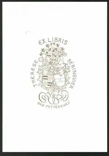 Exlibris von A. Hildebrandt für Therese Beringuier, Wappen & Blumen, 1902