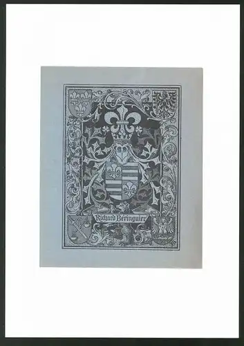 Exlibris Richard Beringuier, Bär und Wappen mit Ritterhelm, Ornamente