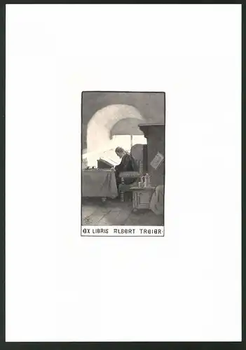 Exlibris von Adolf Closs für Albert Treier, Mann liest ein Buch