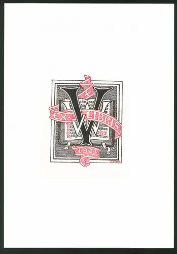 Exlibris von P. Voigt für Werner Voigt, 1903, offenes Buch und Initialen