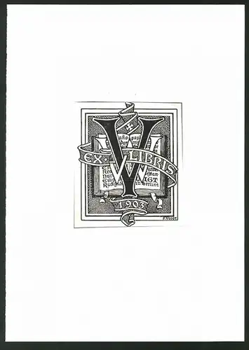 Exlibris von P. Voigt für Werner Voigt, 1903, offenes Buch & Initialen