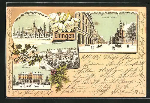 Winter-Lithographie Ehingen, Bahnhof, Gymnasium, Convict, Strassenpartie in der oberen Stadt