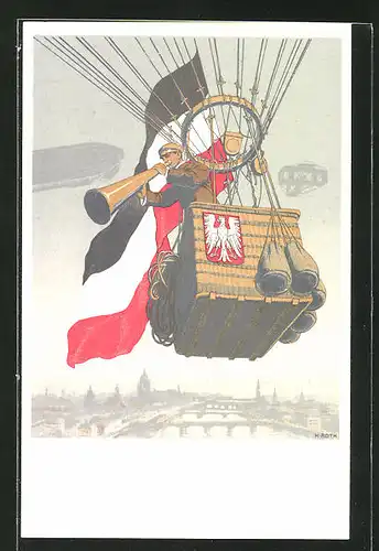 Künstler-AK Frankfurt/M., Internationale Luftschiffahrt-Ausstellung 1909, Ausrufer in einer Ballongondel, Ganzsache 5Pfg