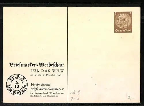 AK Bremen, Briefmarken-Werbeschau für das WHW 1937, Stadtpostamt / Preuss. Post, Ganzsache