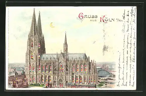 Lithographie Köln, Der Kölner Dom, Halt gegen das Licht: beleuchtete Fenster