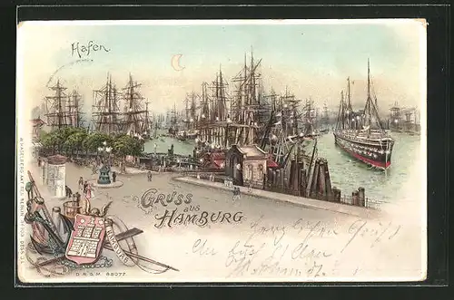 Lithographie Hamburg, Schiffe im Hafen, Halt gegen das Licht: Laternen auf den Schiffen