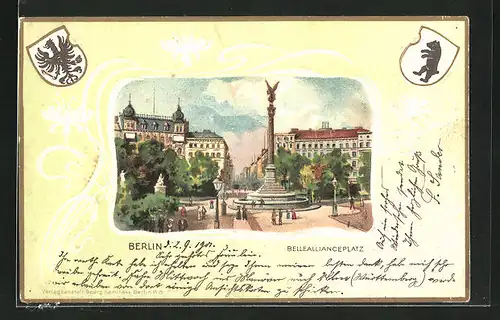Passepartout-Lithographie Berlin-Kreuzberg, Belleallianceplatz und Wappen