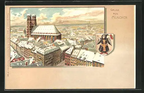 Winter-Lithographie München, Frauenkirche im Stadtbild