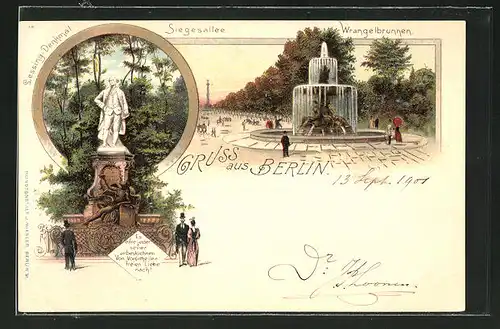 Lithographie Berlin-Tiergarten, Siegesallee u. Wrangelbrunnen, Lessing-Denkmal