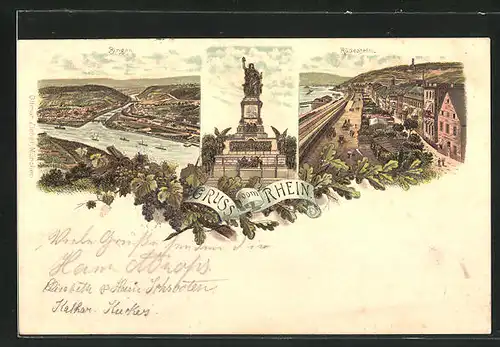 Lithographie Niederwald Denkmal, Blick auf Rhein, Rüdesheim und Bingen