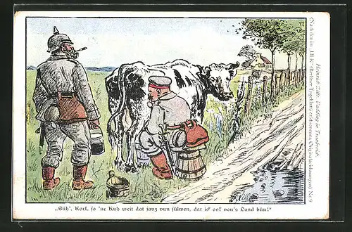 Künstler-AK Heinrich Zille: Vadding in Frankreich, Soldat melkt eine Kuh