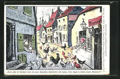 Künstler-AK Heinrich Zille: Vadding in Frankreich, Soldaten füttern die Hühner auf der Strasse