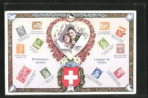 AK Briefmarkensprache, Paar im blumigen Herz-Rahmen zwischen Briefmarken, Schweizer Wappen