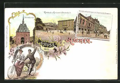 Lithographie Aachen, Karlsbad u. Kurhaus, Komphausbadstrasse mit Suermondt-Museum, Fahrradfahrer