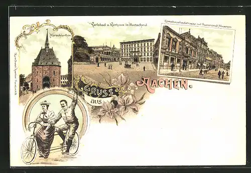 Lithographie Aachen, Karlsbad u. Kurhaus, Komphausbadstrasse mit Suermondt-Museum, Fahrradfahrer