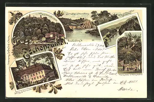 Lithographie Niederwiesa, Schloss Lichtenwalde, Harras-Eiche, Harrasfelsen