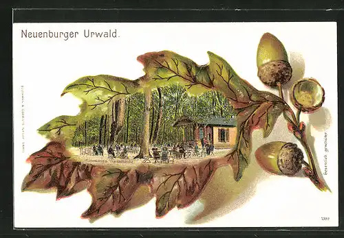 Passepartout-Lithographie Zetel, Gasthaus zum Neuenburger Urwald, Ansicht auf Eichenblatt