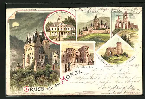Lithographie Bad Bertrich, Burg Cochem, Schloss Eltz, Curhaus Bad-Bertrich