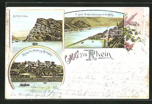 Lithographie St. Goarshausen, versch. Ortsansichten, Loreley-Felsen, Ruine der Festung Rheinfels