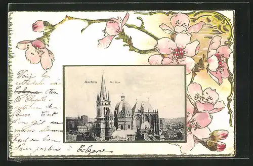 Präge-AK Aachen, Der Dom im Passepartout mit Blumen