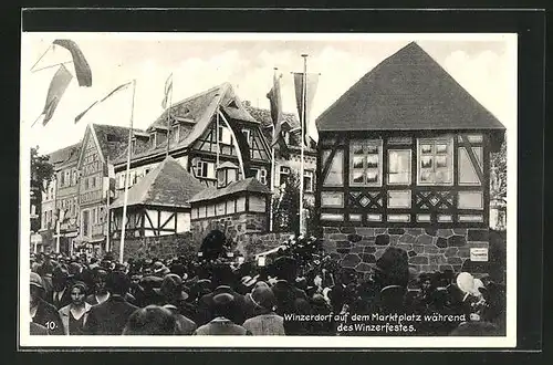 AK Bensheim a. d. Bergstrasse, Winzerdorf auf dem Marktplatz während des Winzerfestes