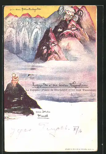 Künstler-AK sign. E. Hansen / Emil Nolde: Zugspitze und die beiden Waxensteine, Berg mit Gesicht / Berggesichter