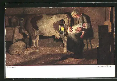 Künstler-AK Giovanni Segantini: die beiden Mütter, schlafende Bäuerin mit Kind, Kuh mit Kälbchen