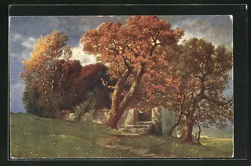 Künstler-AK Hermann Rüdisühli: Weg zum Tempel, Bäume in Herbstfarben